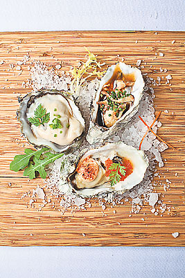 #50 Food Skyve in a Wine Bistro Trio of Oysters: Chilean, Kilpatrick & Mentaiyaki