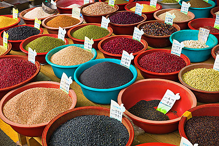 Multi-coloured spices in Daegu market