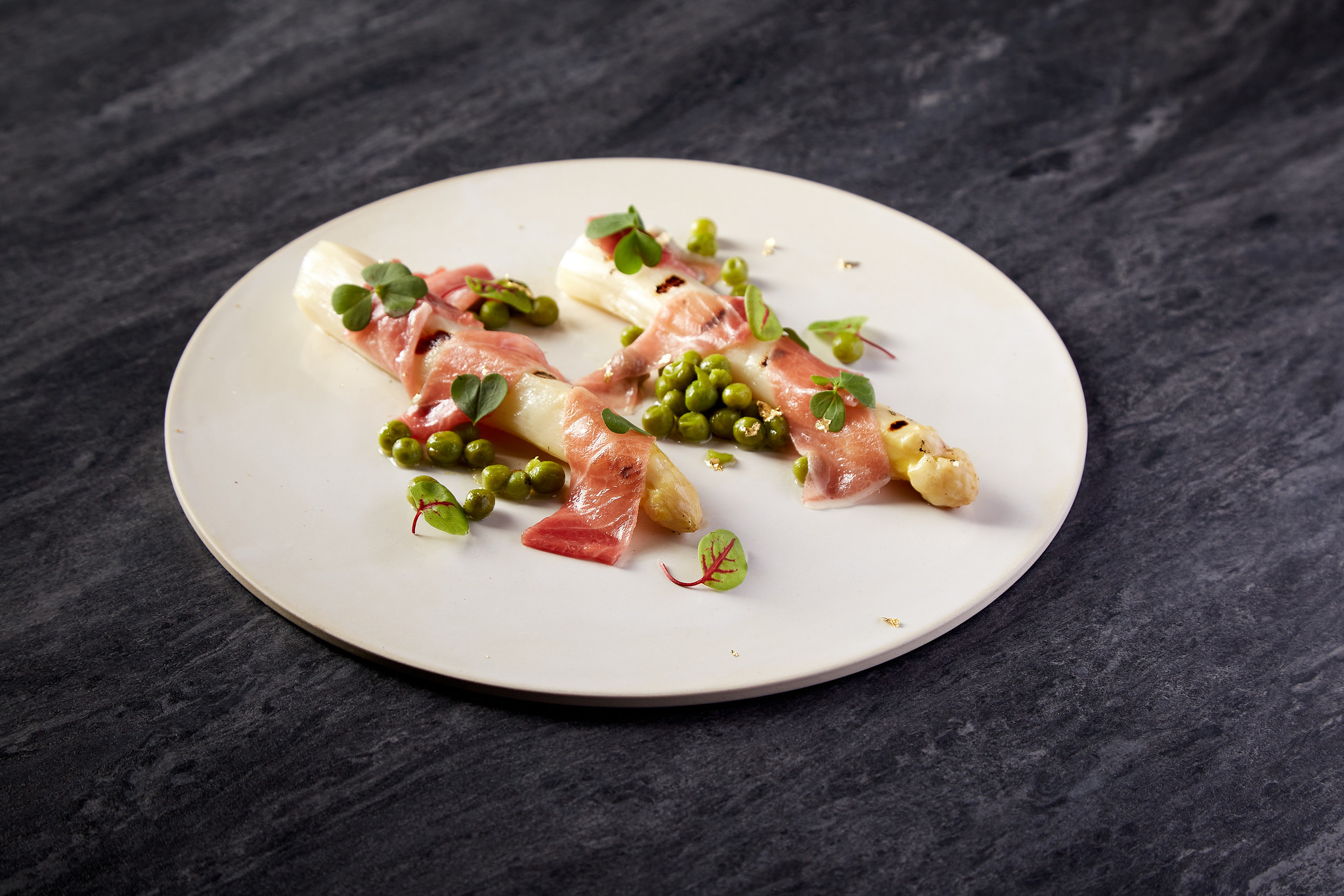 Grilled White Asparagus, Bluefin Tuna Belly and Confit Green Peas